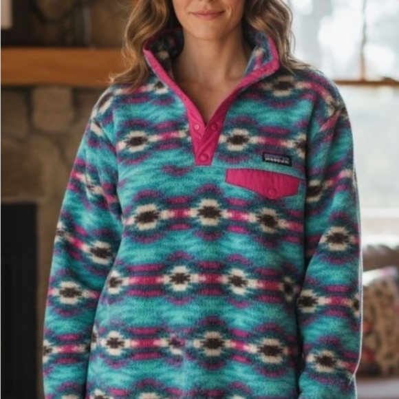 Patagonia Synchilla Wild DesertTeal/Cherry Aztec Fleece Pullover - Picture 2 of 11